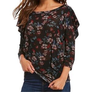 Free People Dock Street Floral Ruffle 3/4 Sleeve Keyhole Blouse Top Black Comb S